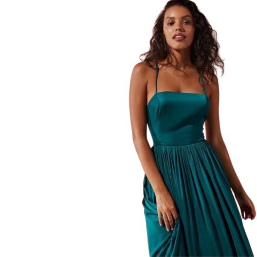 Urban Outfitters Morning Light Strappy Pleated Midi Dress Teal Green Satin Sz M - Picture 3 of 15